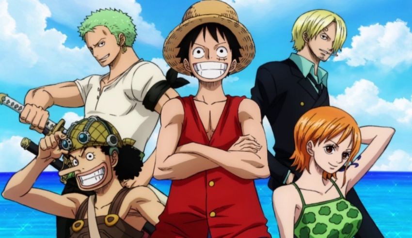A group of one piece characters posing in front of the ocean.