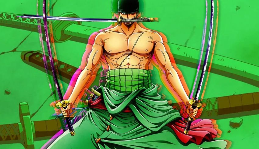 A man holding two swords in front of a green background.