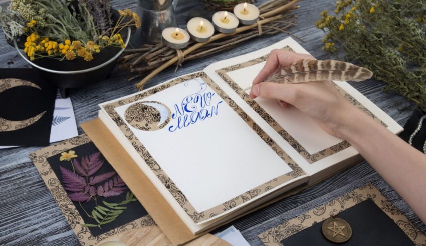 A woman is writing in a book with a pen and feathers.