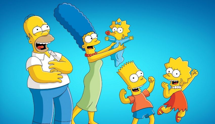 The simpsons family standing in front of a blue background.