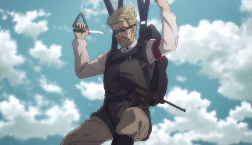 A man holding a sword in the air.