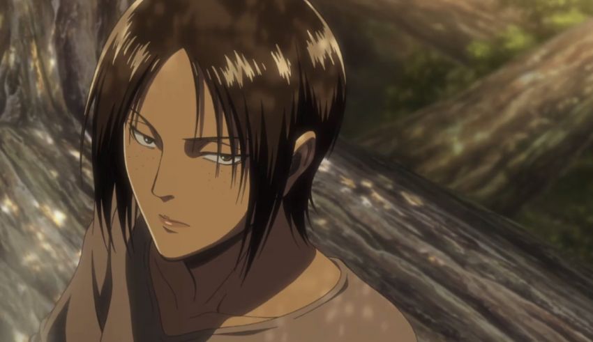 An anime character standing in a wooded area.