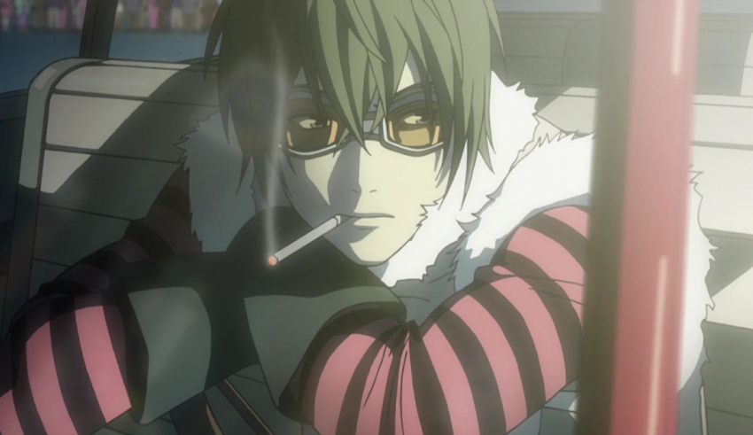 An anime character smoking a cigarette in a bus.