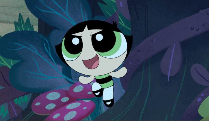 The powerpuff girl is flying through a forest.