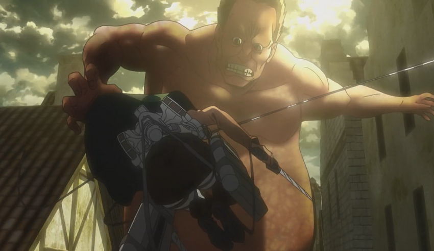 A giant man is holding a sword in front of a city.