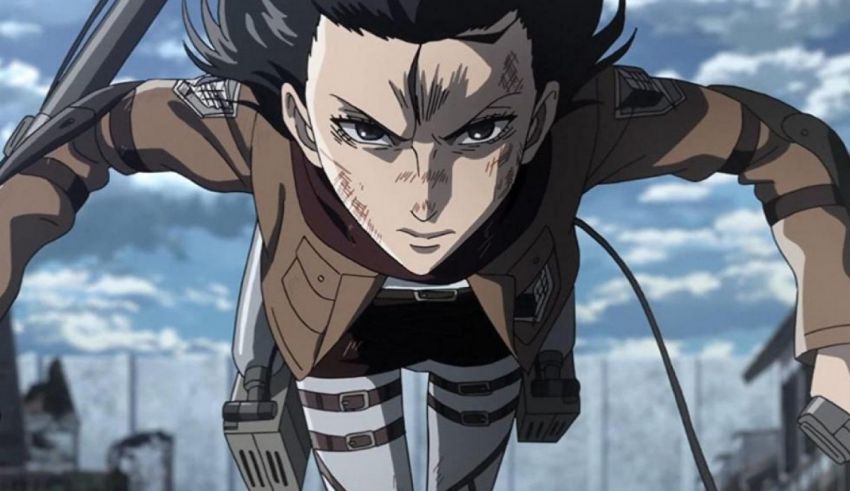 An attack on titan character with a gun in his hand.