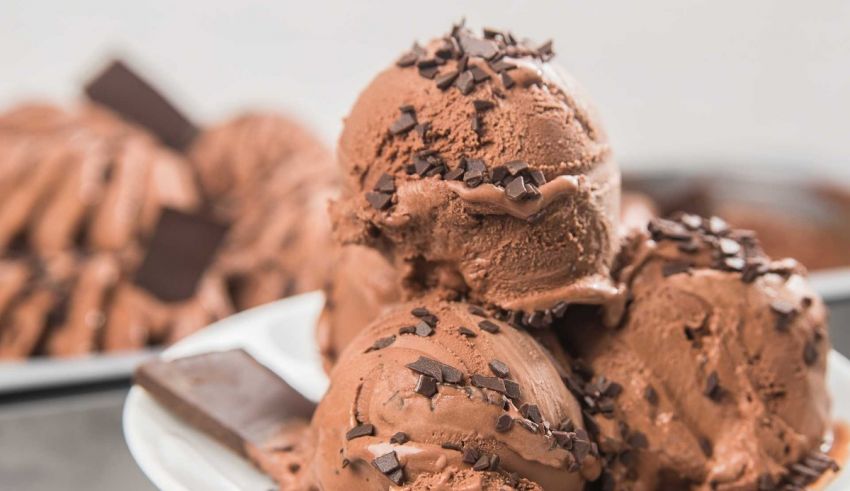 Chocolate ice cream on a white plate.
