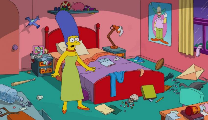 A simpsons character standing in a messy bedroom.