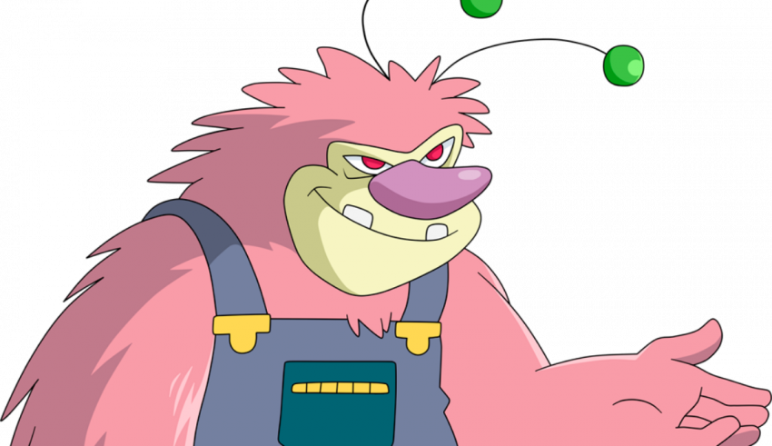 A cartoon of a pink monster with green eyes.