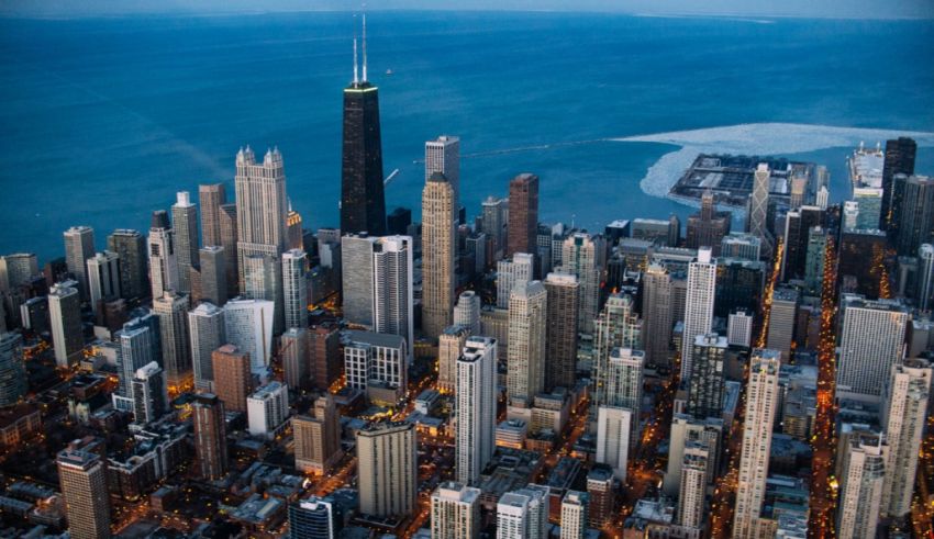 An aerial view of the chicago skyline at dusk.