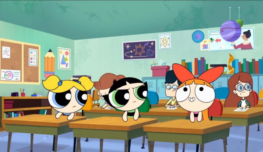 The powerpuff girls are sitting at desks in a classroom.