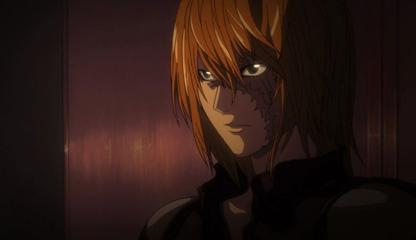 An anime character with orange hair standing in a dark room.