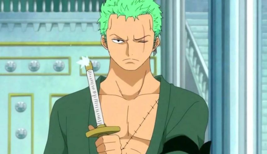 A man with green hair holding a sword.