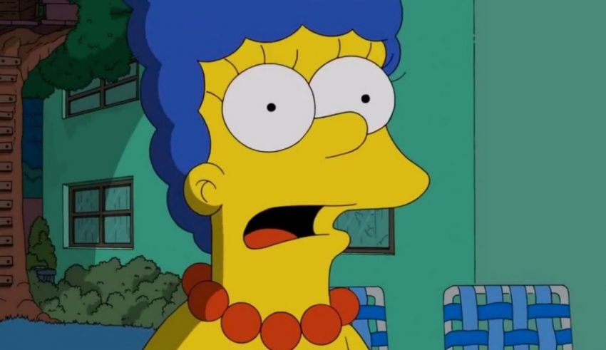 A simpsons episode with a blue haired woman.
