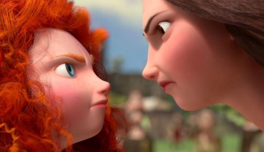 A girl and a boy with red hair are looking at each other.