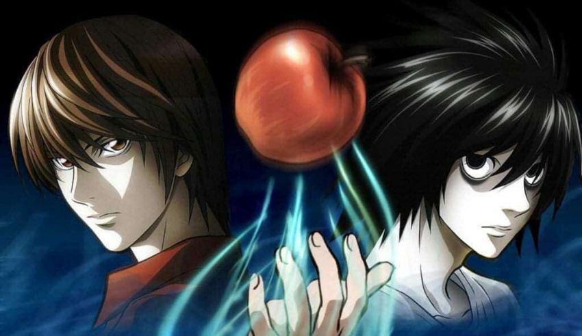 Two anime characters holding an apple in their hands.