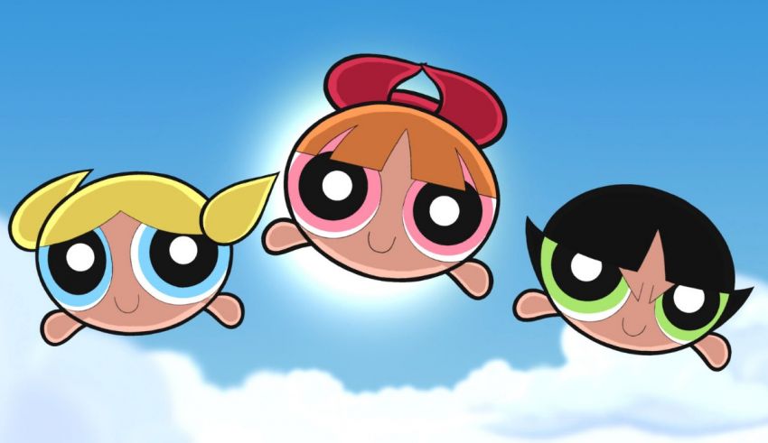 The powerpuff girls are flying in the sky.