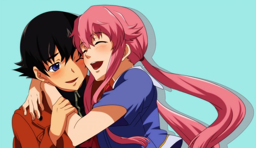 Two anime characters hugging each other.
