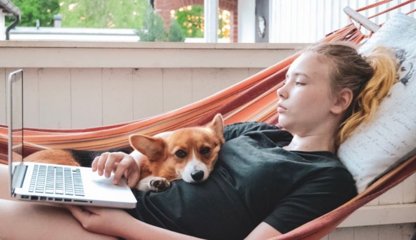 A girl laying in a hammock with her dog and laptop.