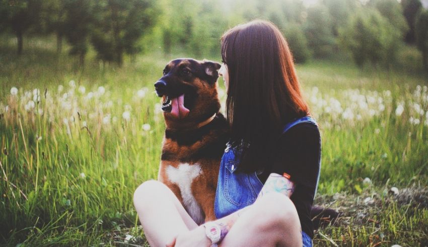 A woman is sitting on the grass with her dog.