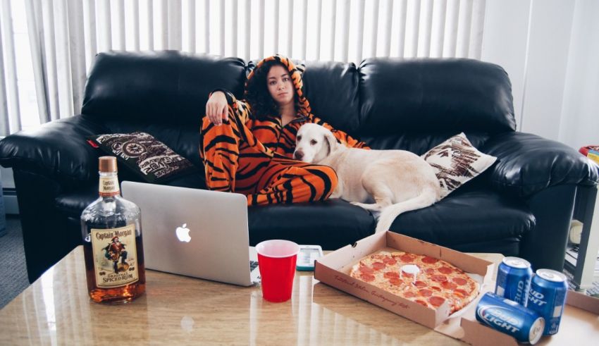 A woman in a tiger pajama sitting on a couch with a laptop and a dog.