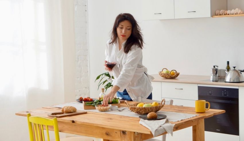 A young woman is preparing a meal in her kitchen.