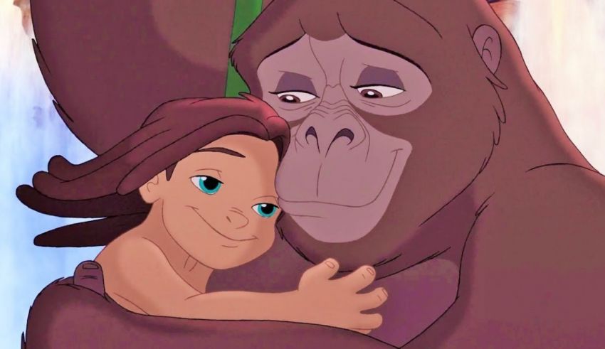 A child is hugging a gorilla in disney's the jungle book.