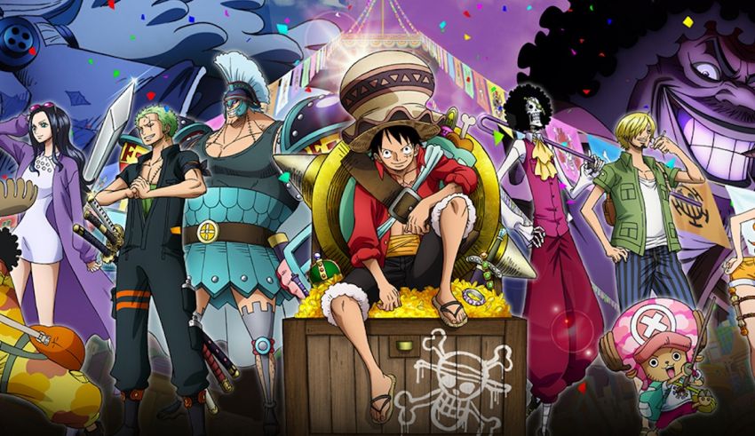 A group of one piece characters posing for a picture.