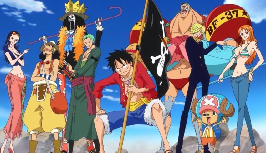 A group of one piece characters posing for a picture.