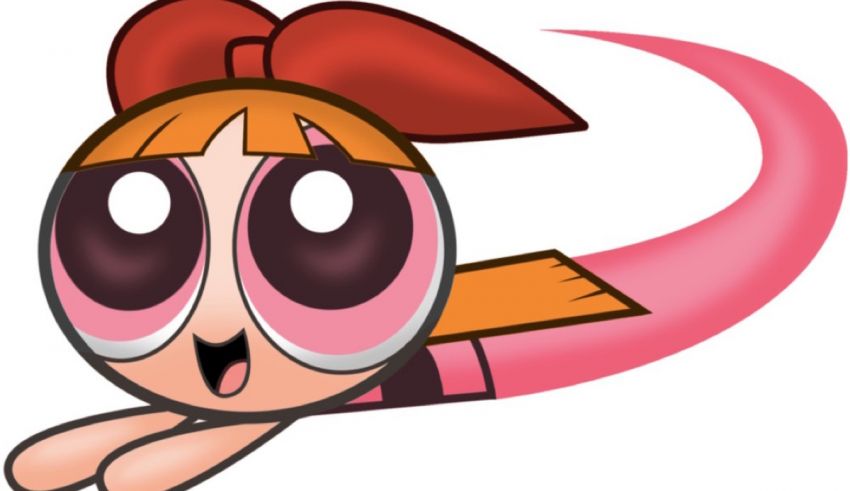A cartoon character with pink hair and big eyes.