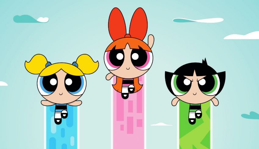 Three powerpuff girls sitting on top of a pole.