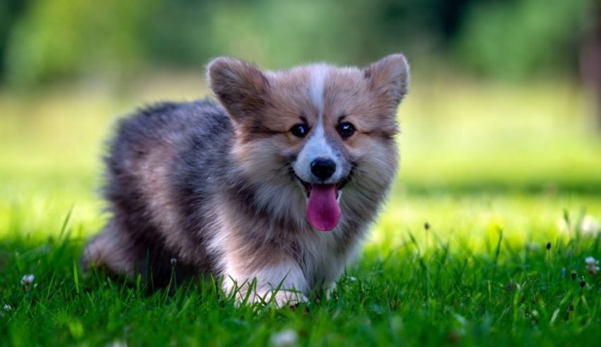 Pembrokeshire corgi puppy running in the grass.