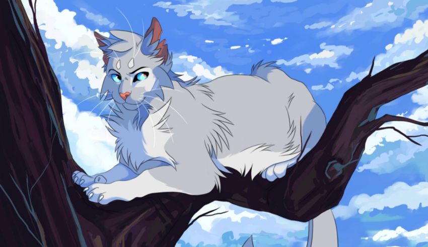 A white cat sitting in a tree branch with blue eyes.