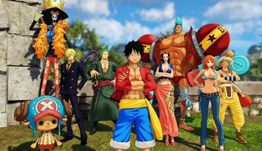 A group of one piece characters posing for a picture.