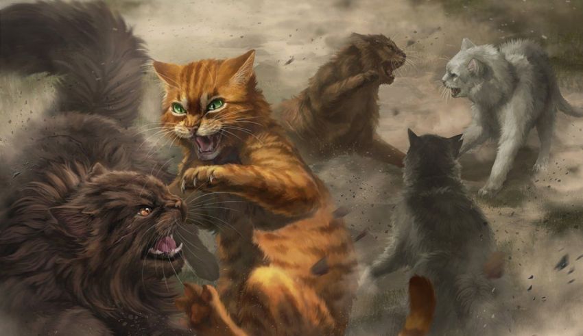 A painting of a group of cats fighting each other.