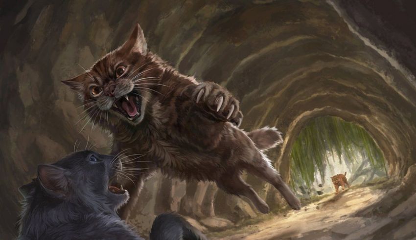 A painting of two cats in a tunnel.