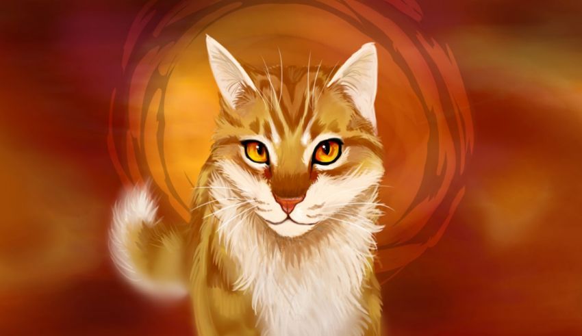A cat with yellow eyes is standing in front of an orange background.