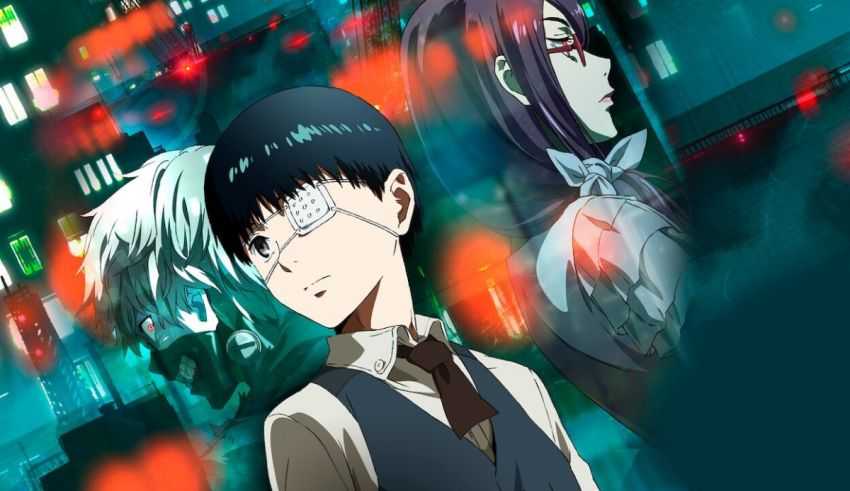 Two anime characters standing in front of a city.