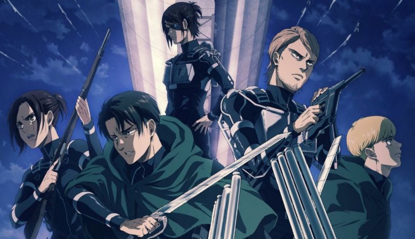 A group of anime characters with swords in the sky.