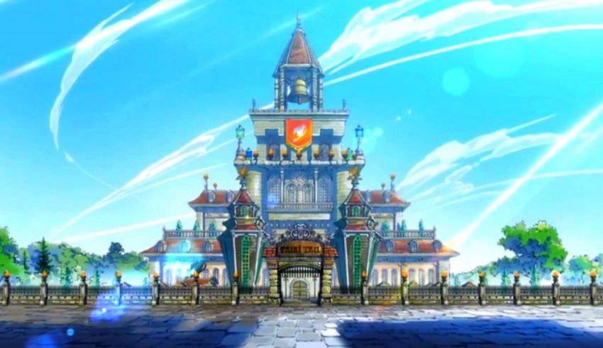A castle with a clock tower in front of it.