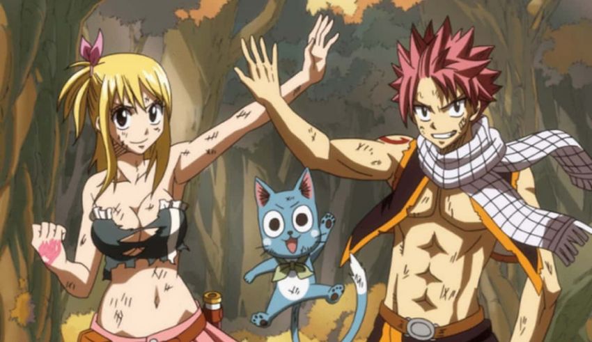Two anime characters in the woods with a cat.