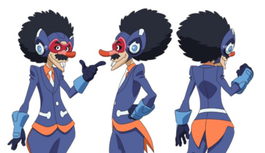 A cartoon character in a blue suit and orange hat.