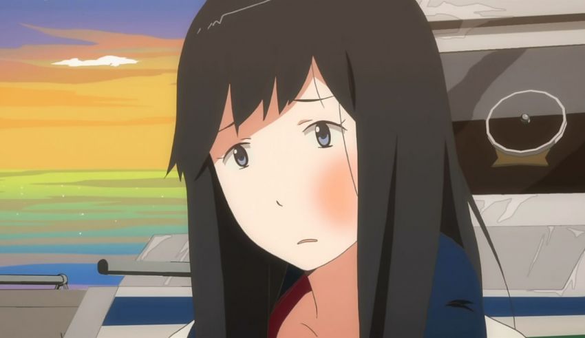 An anime girl with long black hair standing in front of a boat.