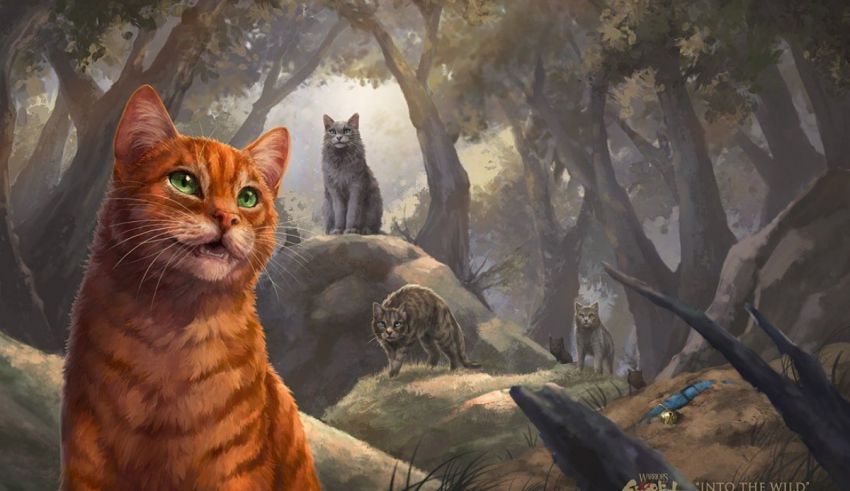 An orange cat is standing in a forest with other cats.