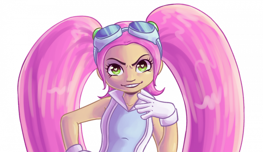 A cartoon girl with pink hair and glasses.