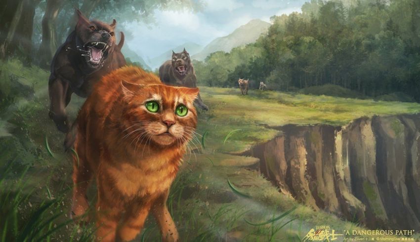 A painting of a cat and a dog walking through a forest.
