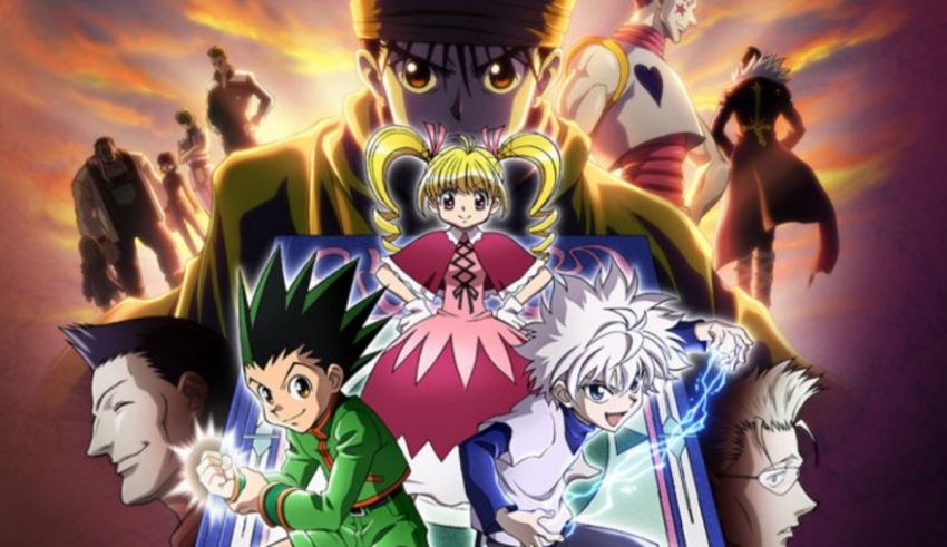 Japanese anime poster with a group of characters.