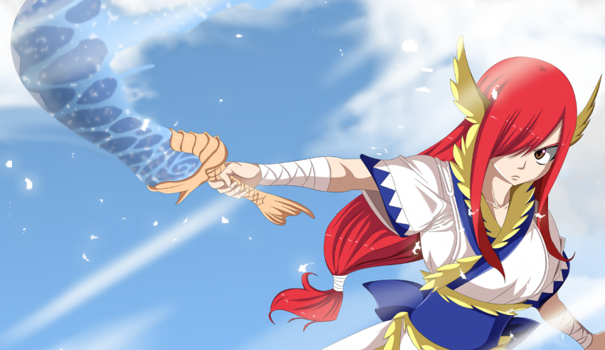 An anime girl holding a sword in the air.