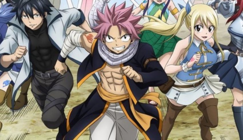A group of anime characters running in the desert.