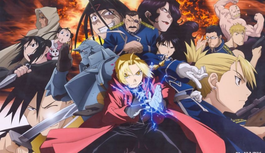 A group of anime characters in front of a fire.